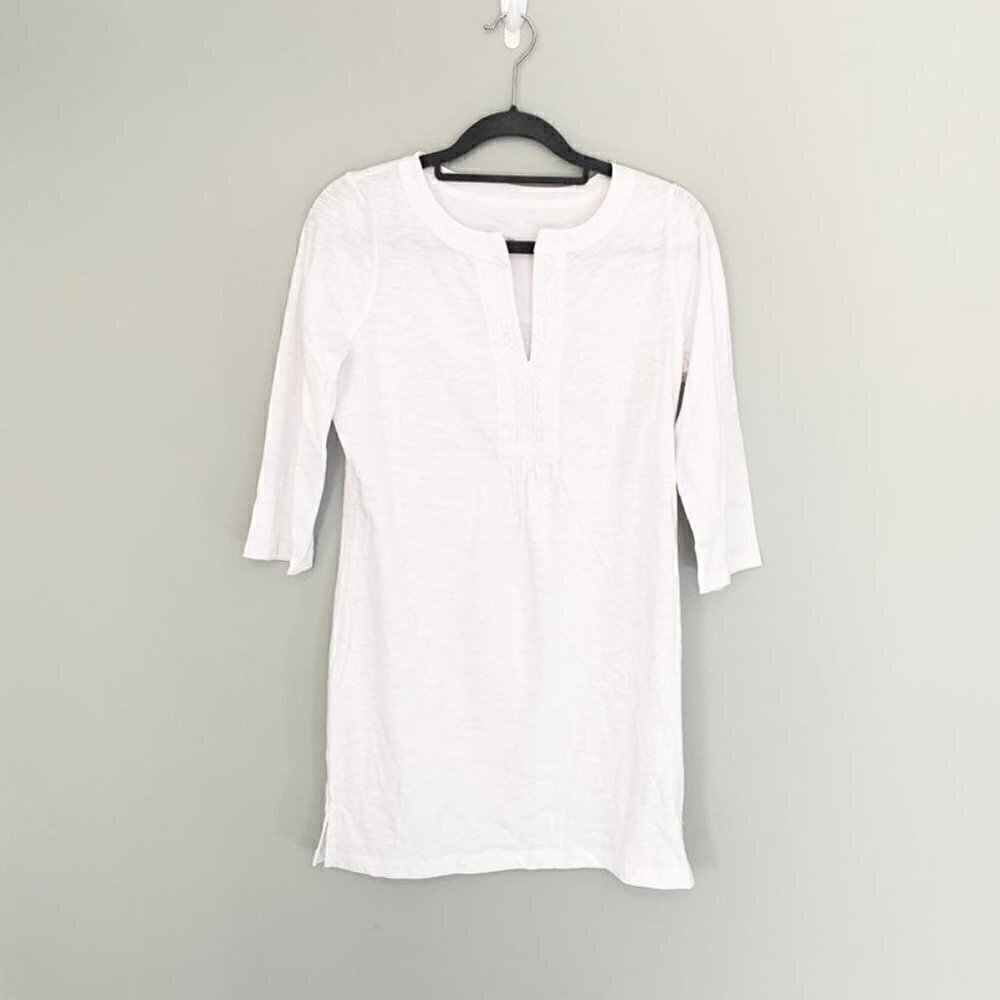 Boden White Cotton Slub Beaded Split Neck Tunic Top 3/4 Sleeve US 2 WL748